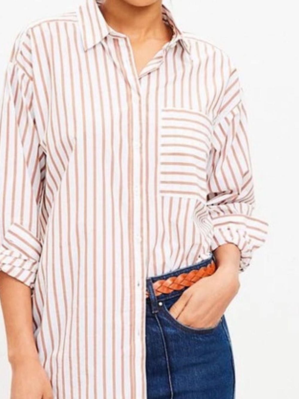 Loft Striped White and Brown Button-Up Women’s Shirt